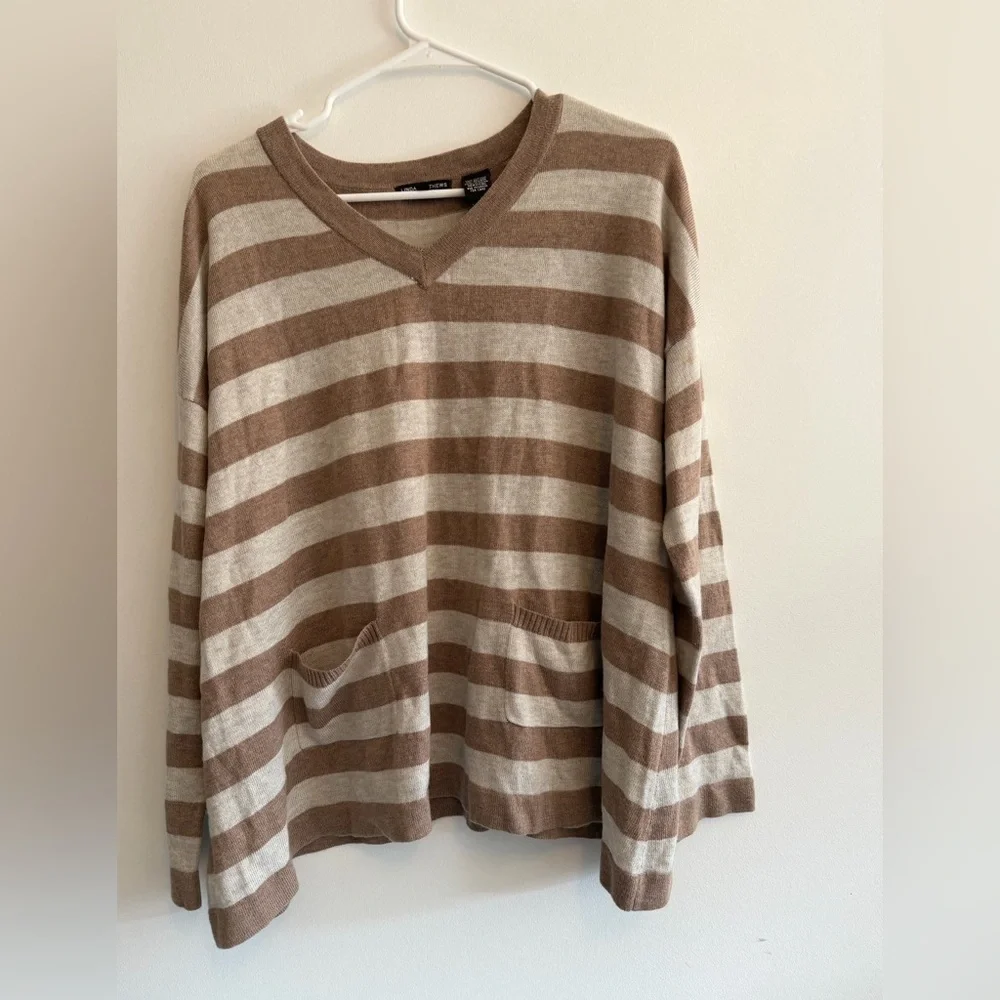 Linda Matthews New York Striped V-Neck Sweater with Pockets - oversized